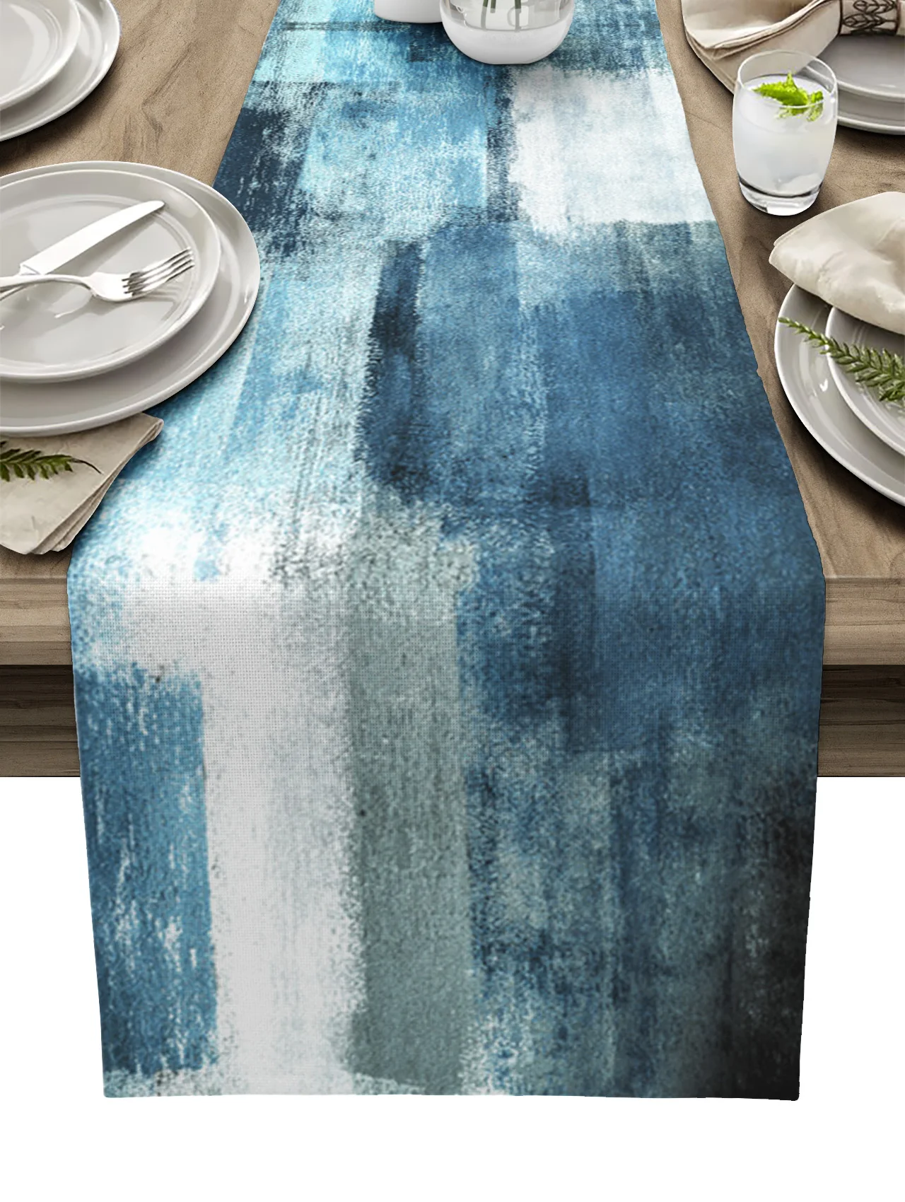 

Картина маслом, абстрактная Геометрическая синяя настольная дорожка, украшение для дома, украшение для обеденного стола, декор для стола