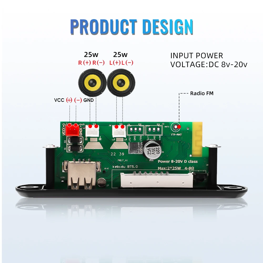 Автомобильный радиомодуль 12 В 2x25 Вт стерео Bluetooth 5 0 MP3 декодер плата 8-20 в 50