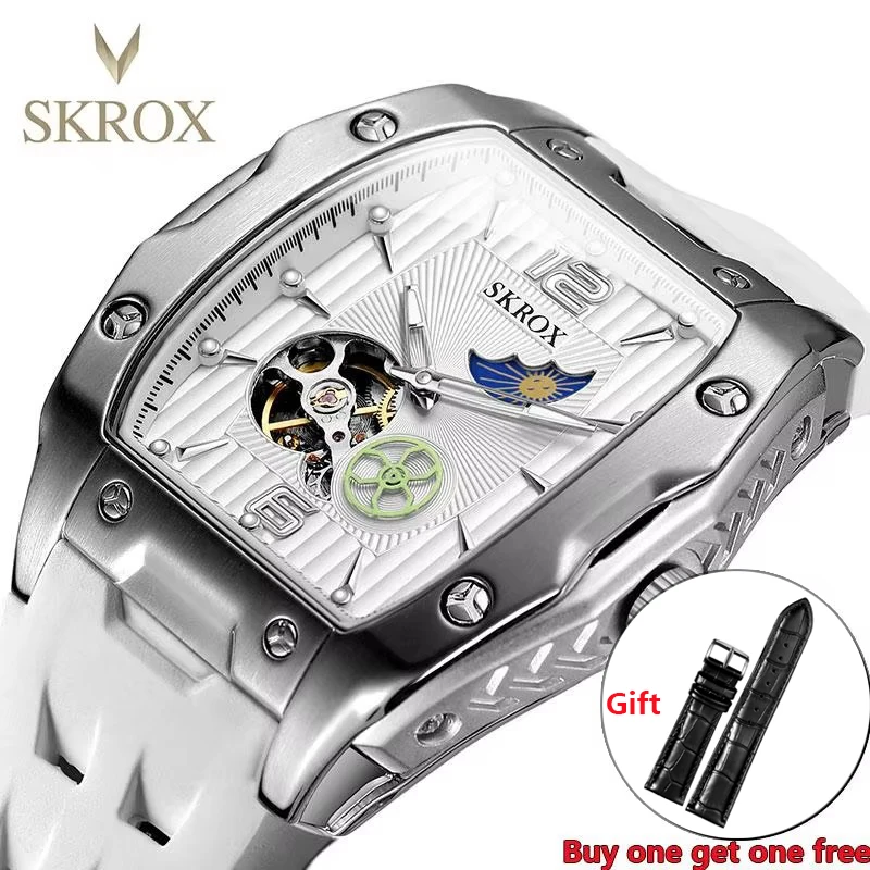 Фото SKROX Роскошные Tonneau Moon Phase Tourbillon с автоматическим механизмом, механические мужские часы высокого качества, водонепроницаемые силиконовые часы в стиле милитари №1