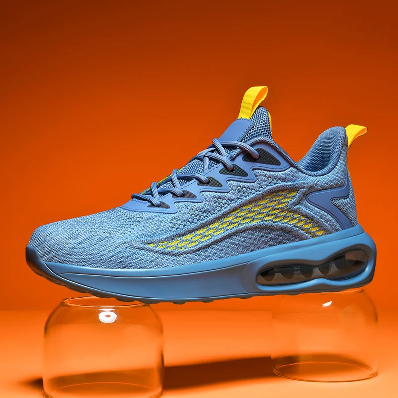 

Мужские кроссовки для бега летающие тканые кроссовки на шнуровке с низким верхом с воздушной подушкой спортивная обувь эластичная амортиз...