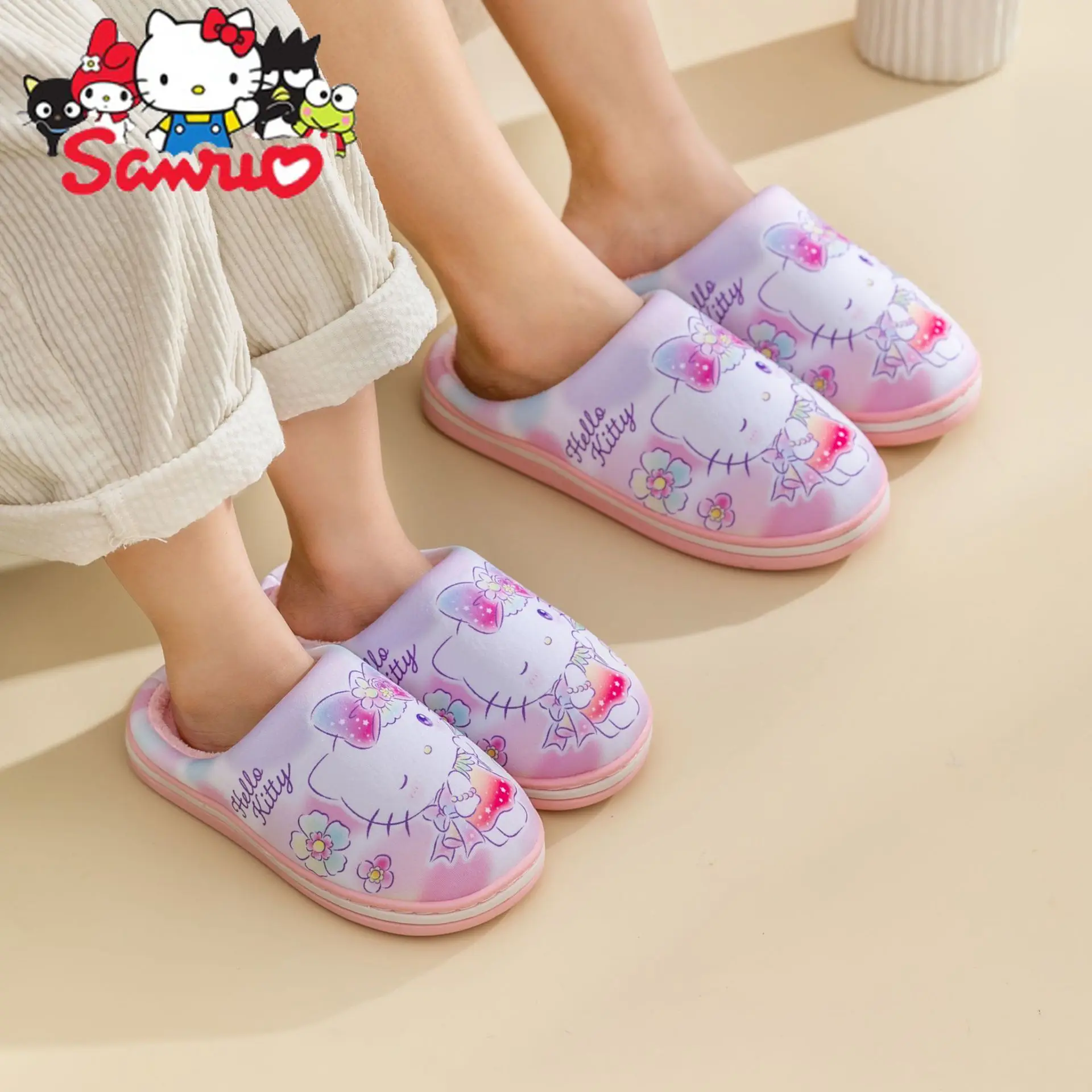 

Тапочки Sanrio Melody Kuromi Hello Kitty Cinnamoroll почтовые Нескользящие теплые домашние осенне-зимние хлопковые для родителей и детей девочек