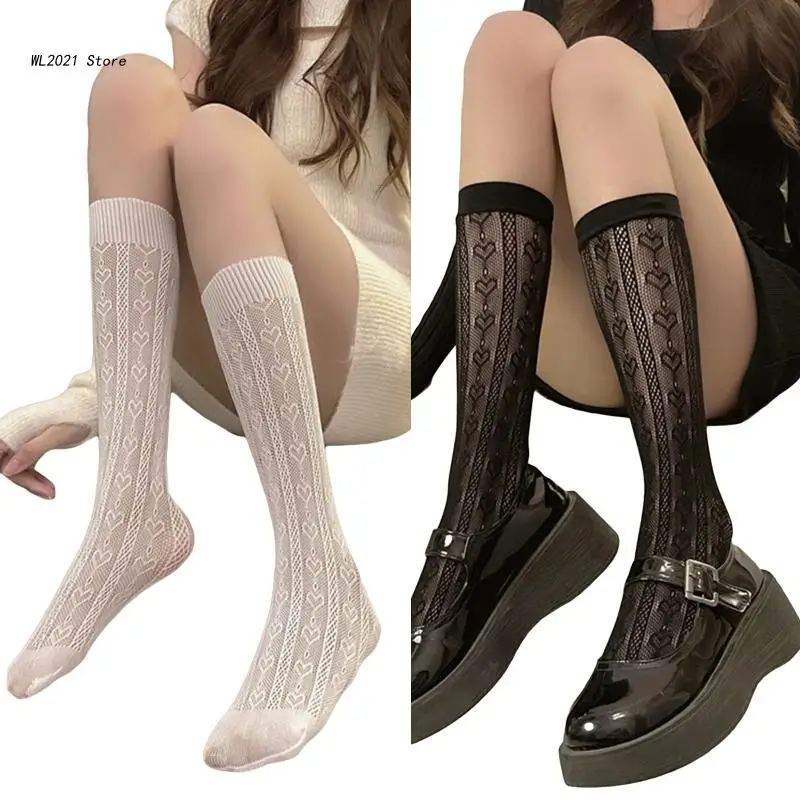 

Женские сетчатые длинные носки до середины икры милые чулки в полоску с сердечком