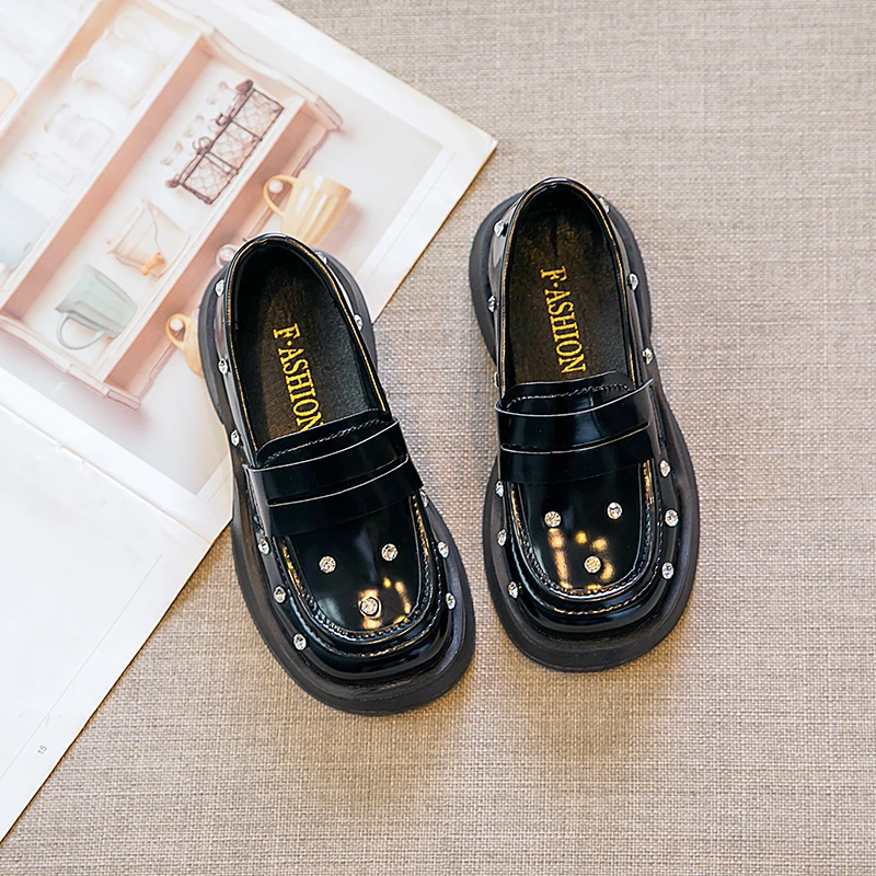 Autumn Girl's Loafers Chunky Rhinestone Slip-on Children Leather Shoes Morden Black Beige Pu Leather 26-36 Elegant Kids Shoes enlarge