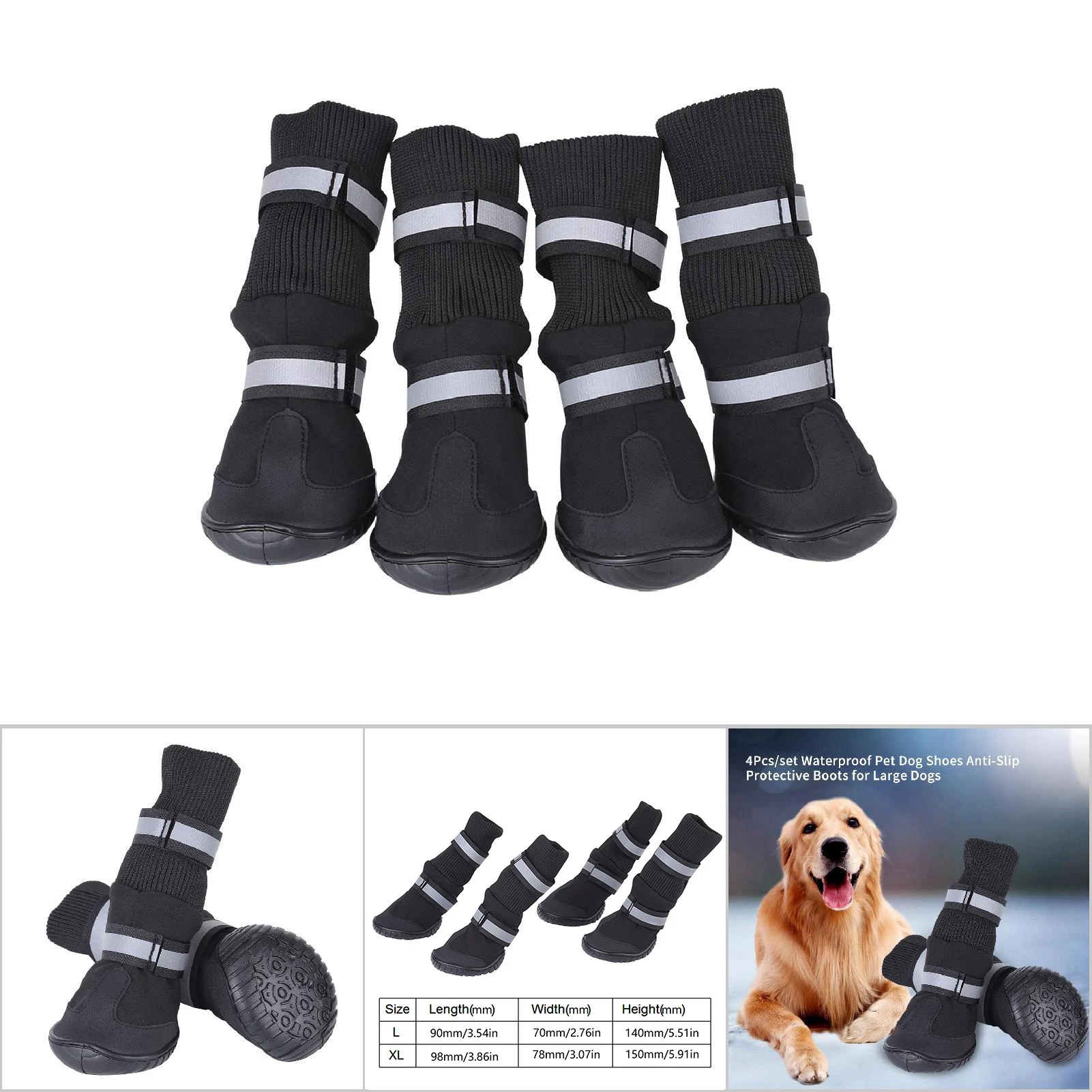 ZK20 4pcs set Waterproof Pet Dog Shoes Anti Slip Protective Boots for Large Dogs Black XL