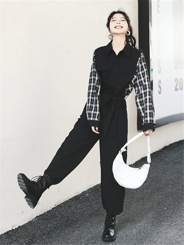 Women Fashion Splice Plaid Black One Piece Jumpsuit 2022 Spring Streetwear Loose Long Sleeve Wide Leg Harem Overalls Romper 8522 |