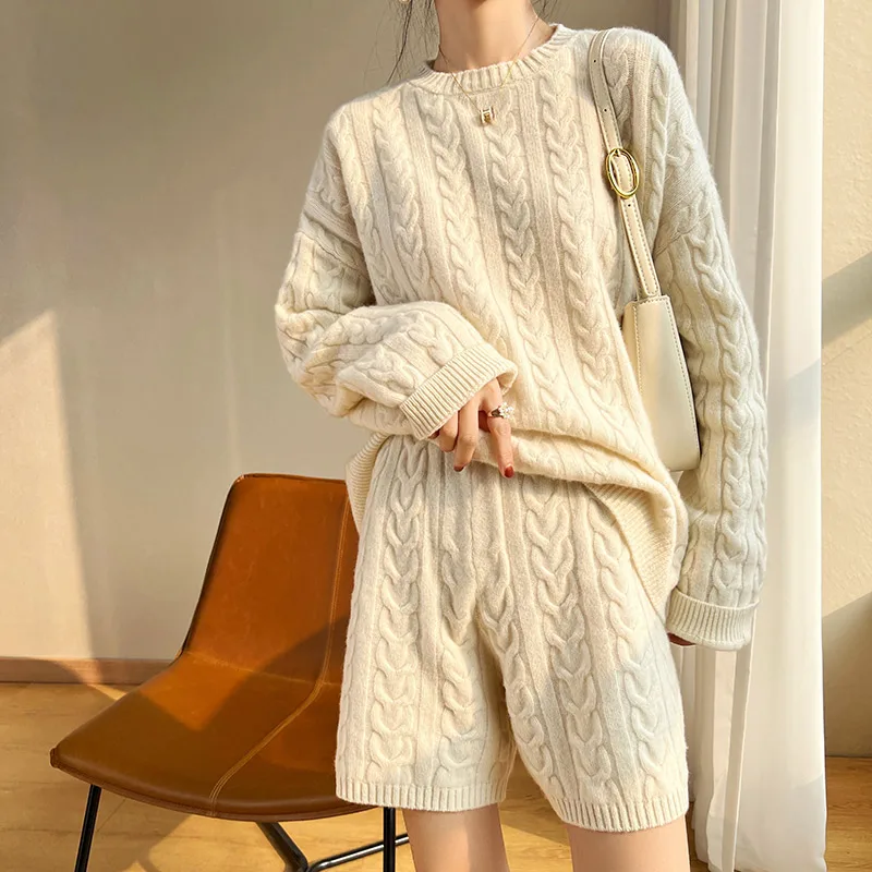 Spring and Autumn Pure Wool Shorts Long Sleeve Suit Women's Versatile Outer Wear Fashion Crew Neck Sweater