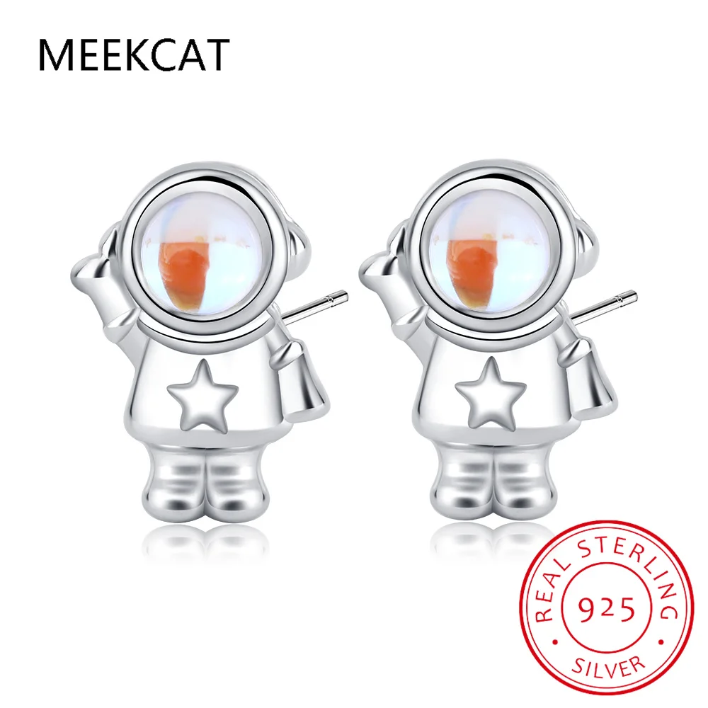 Настоящее серебро 925 пробы милые серьги с астронавтом и звездой из лунного камня
