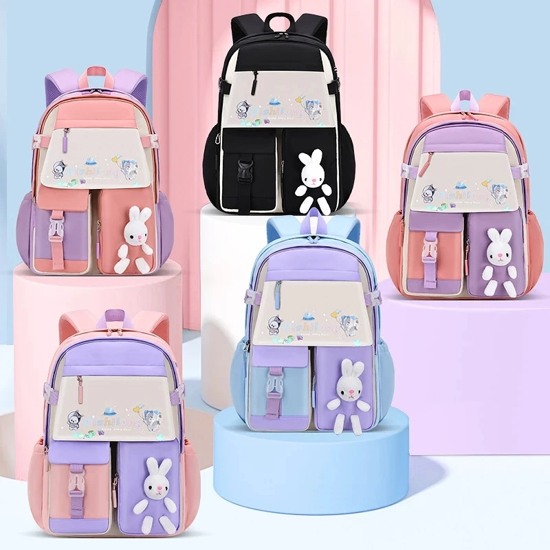 Школьные ранцы для девочек-подростков, милый модный контрастный рюкзак с мультипликационным принтом кролика, куклы