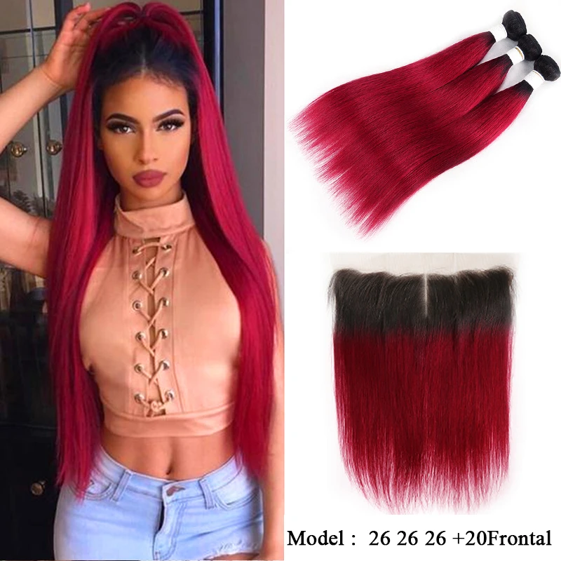 99J/Burgundy Brazilian Straight Human Hair Bundles With Frontal 13x4 SOKU Ombre Red Hair Weave Bundles With Closure Remy Hair