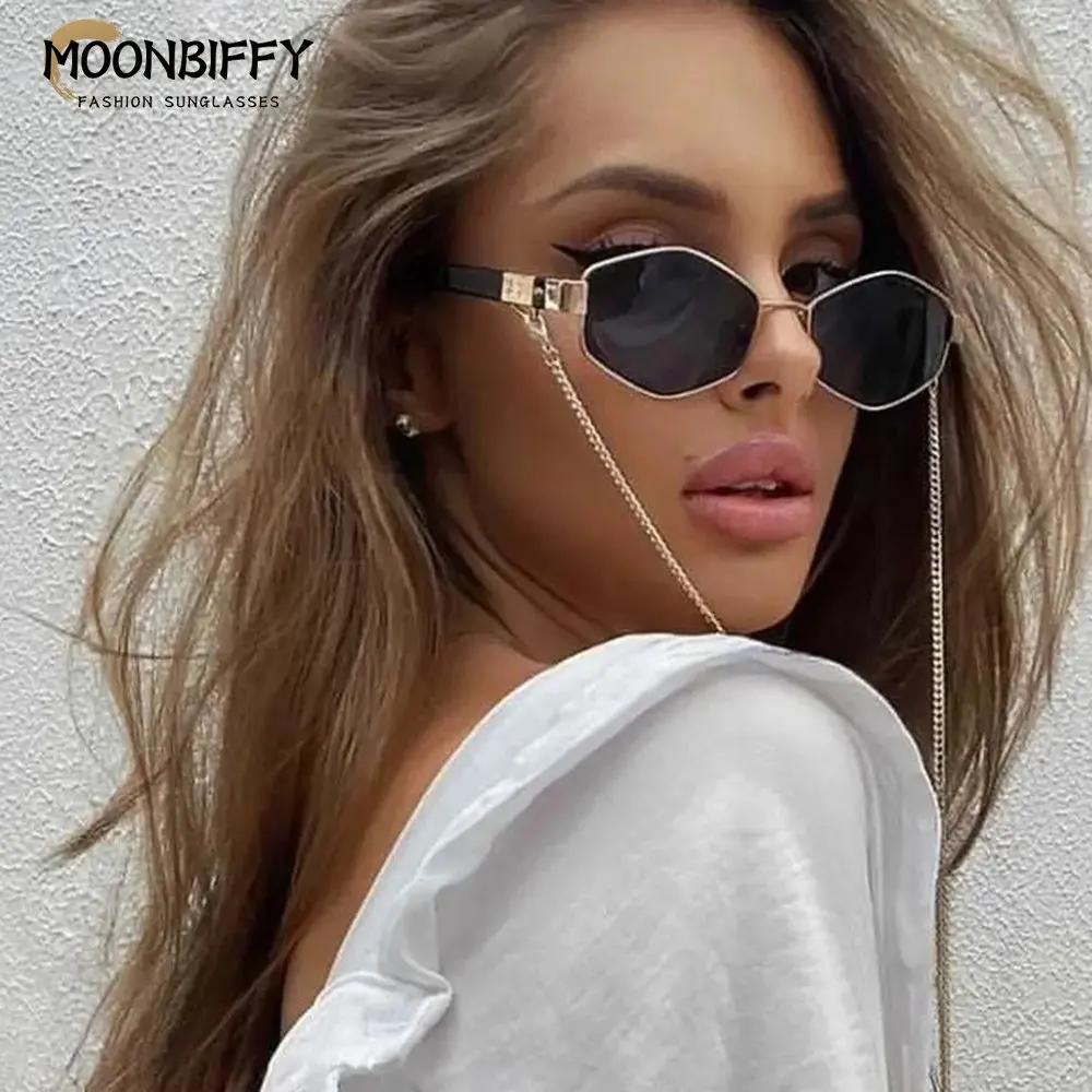 

Women Vintage Sunglasses with Chain Irregular Sun Glasses Fashion Brand Designer Eyewear Men's Punk Hip Pop Eyewear UV400