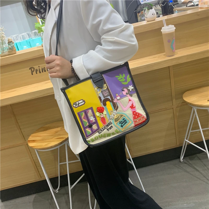 Women Bags Canvas Patchwork Embroidery Purse Cross Body Messenger Bag Shoulder Bags Braccialini Style Art Cartoon Perfume Girl