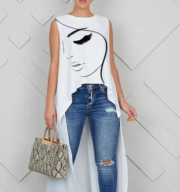 

Модная женская блузка 2023, летний топ, Женская Новая повседневная футболка без рукавов с круглым вырезом и узором, темпераментная футболка для женщин