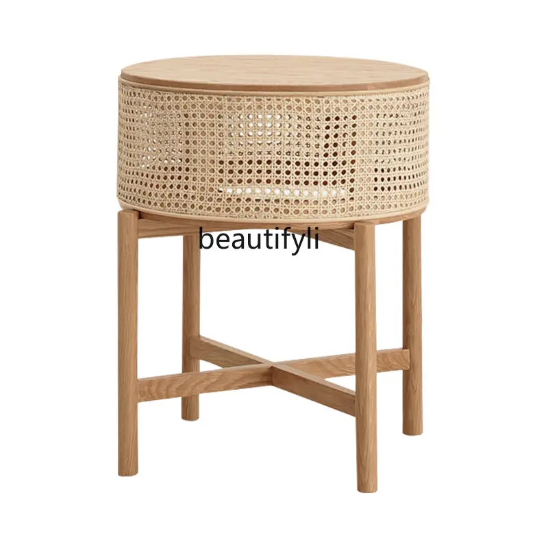 

Скандинавский угловой столик из массива дерева из ротанга, прикроватный столик для дивана, простой чайный прикроватный столик для гостиной, спальни, деревянный мяч, маленький круглый стол