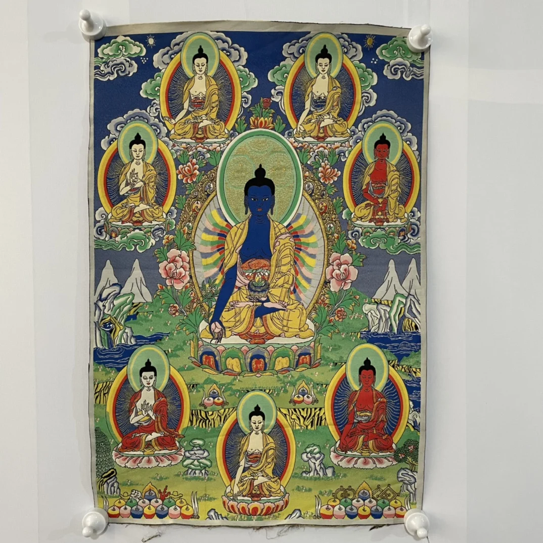 

24" Thangka embroidery Tibetan Buddhism silk brocade high definition Medicine Buddha 7 Buddha incarnations thangka hanging scree