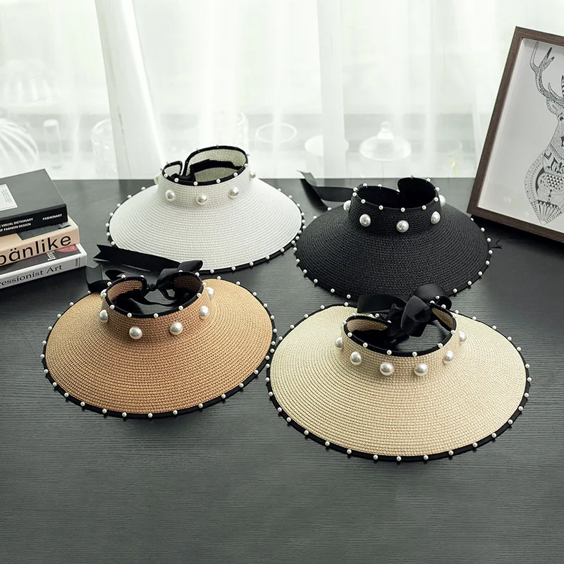 

Ms Spring And Summer Holiday Travel Big Bowknot Pearl Straw Hat Uv Empty Beach Hat Fashion Elegant Art Wind Caps