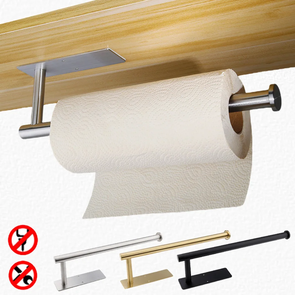 

Adhesive Paper Holder 304 Stainless Steel Brushed Gold Black Bathroom Kitchen WC Paper Towel Rack Shelf Long Tissue Roll Hanger