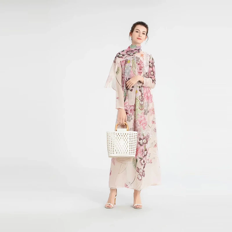 

MIUXIMAO 2022 High Quality Spring&Summer Elegant Dress Long Sleeve O-Neck Print Elastic Waist Fashion Long Dress Women Vestides