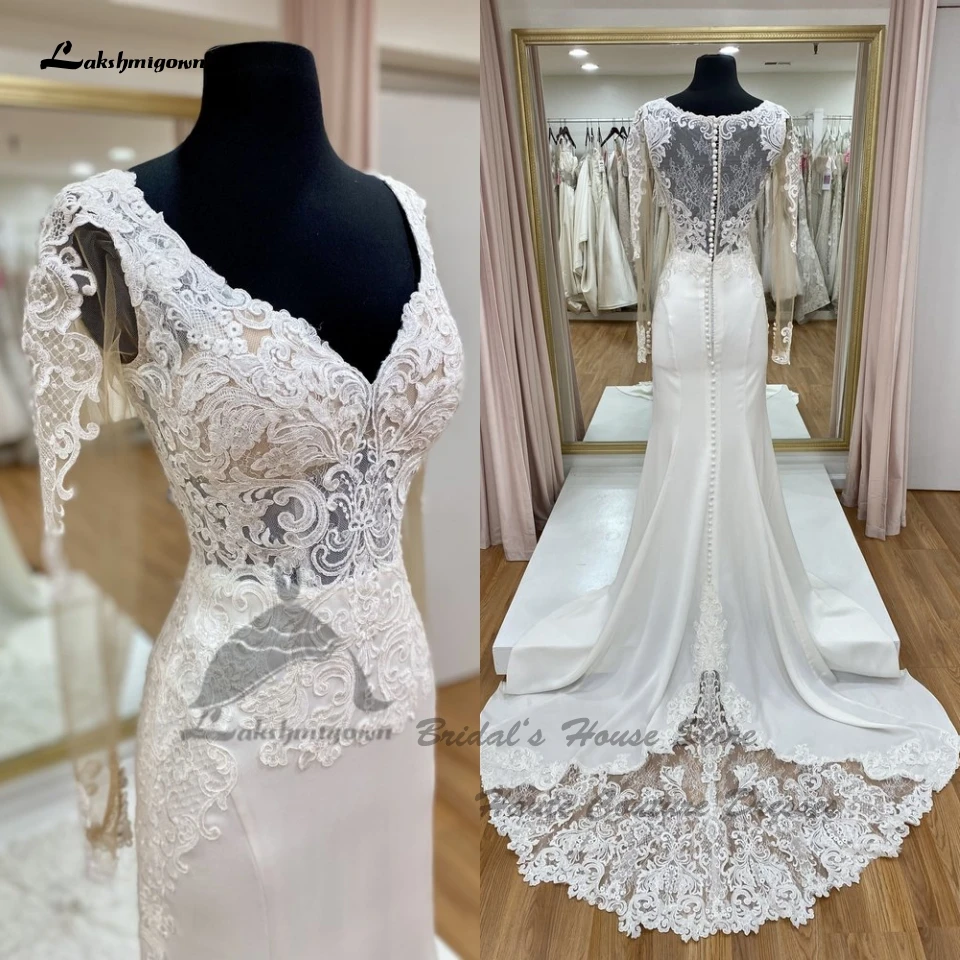 

Lakshmigown Crepe Satin Long Sleeve Mermaid Wedding Dress 2023 Vestidos Vintage Lace Bridal Receiption Dinner Party Gowns