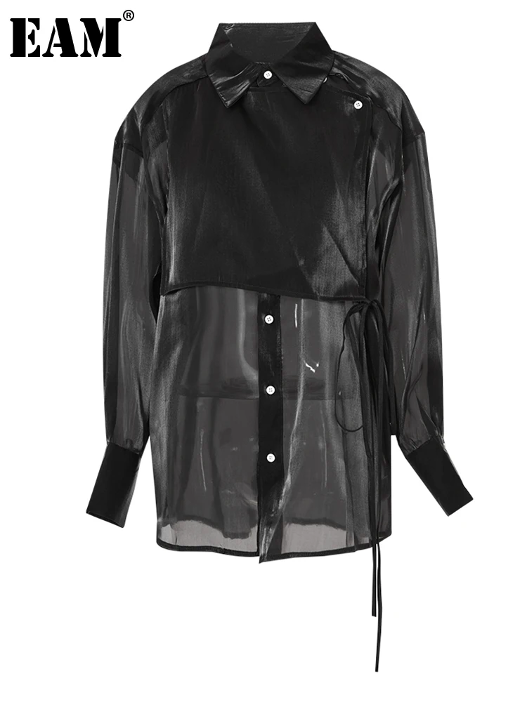 

[EAM] Женская Черная облегающая тонкая элегантная блузка большого размера, новая свободная рубашка с длинными рукавами и отворотом, модная демисезонная 2023 1DF8573