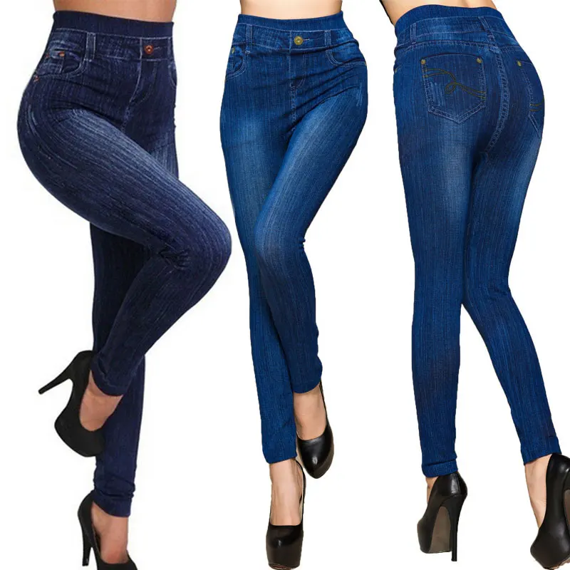 

Women Jeggings Faux Denim Jeans Leggings High Waisted Tummy Control Slim Leggins Printed Pencil Pants Seamless Skinny Trousers