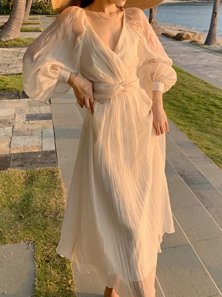

Women's Spring Summer Chiffon Hubble-bubble Sleeve White Dress V Neck Elegant Casual A-Line Vestido Female Fashion Beach Clothes