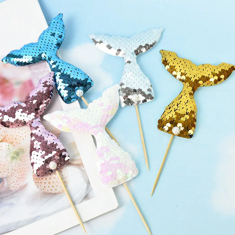 

5pcs Lovely Sequins Mermaid Tail Card Decorations Dessert Cake Mermaid Party Theme Cake Plug-in Pearl Fish Tail Decor Supplies