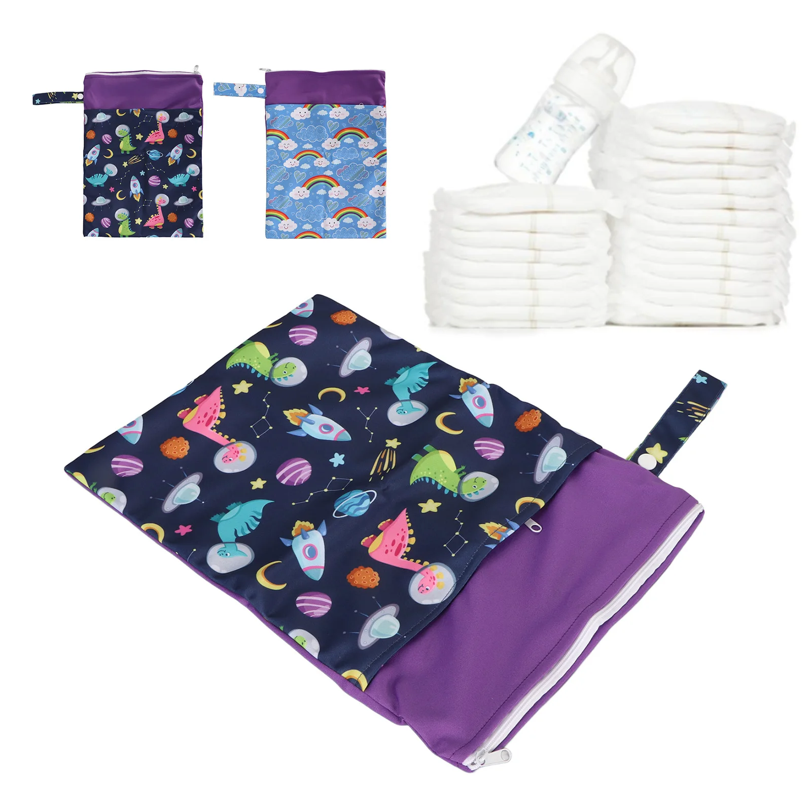 

Сумка для влажных подгузников с защитой от беспорядка, сухая сумка на молнии, сумка для хранения с двумя карманами, водонепроницаемая, герметичная, моющаяся, влажная, сухая сумка