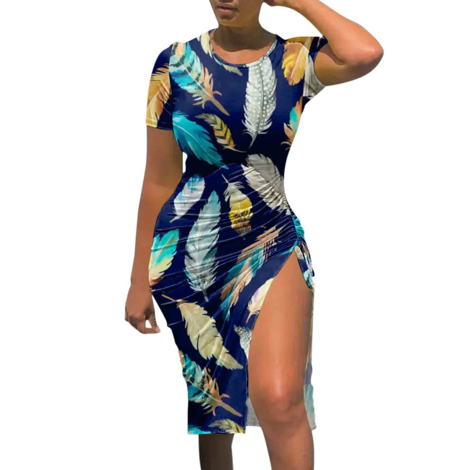 

Women Feather Printed Drawstring Ruched Bodycon Dress Summer 2022 Short Sleeve Side Slit Casual T-Shirt Dress Sexy Clubwear