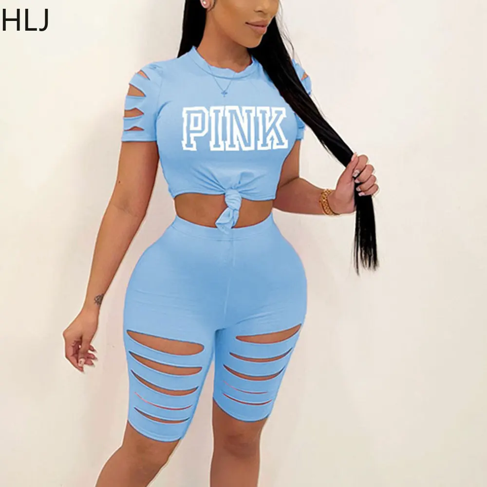 

HLJ Casual PINK Letter Print Two Piece Sets Women Round Neck Hole Crop Top+Skinny Shorts Tracksuits Female Matching 2pcs Outfits