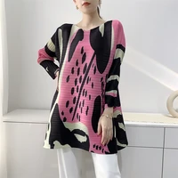 miyake pleated top womens mid length long sleeve round neck printed 2022 autumn new t shirt loose plus size womens clothing