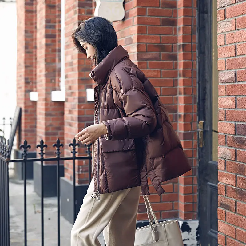 Down Jacket Women Winter Stand Collar Coat White Duck Down Warm Solid Down Coats Zipper New Pockets Outerwear Ladies M29