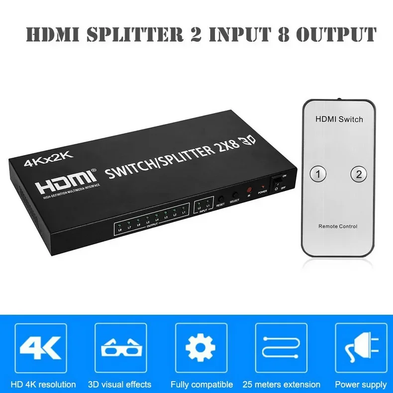 Разветвитель HDMI 2x8 Full HD 4K видео разветвитель 2 в 8 выход монитор экран дисплей для