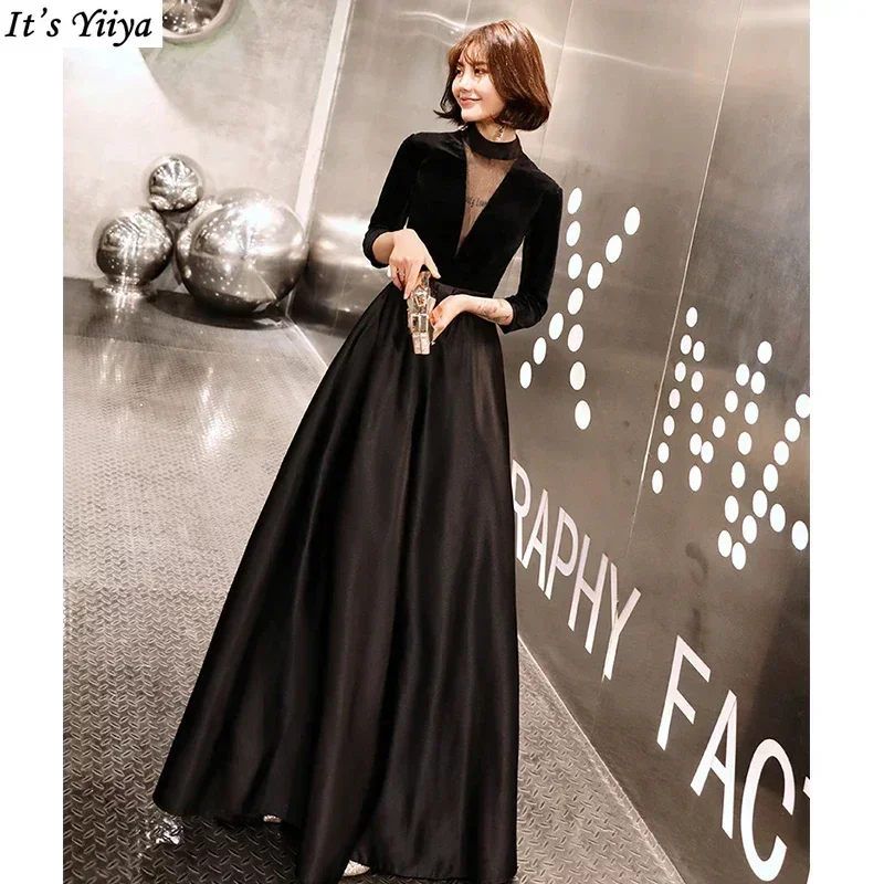Вечерние платья It's Yiiya по индивидуальному заказу черные фланелевые атласные с