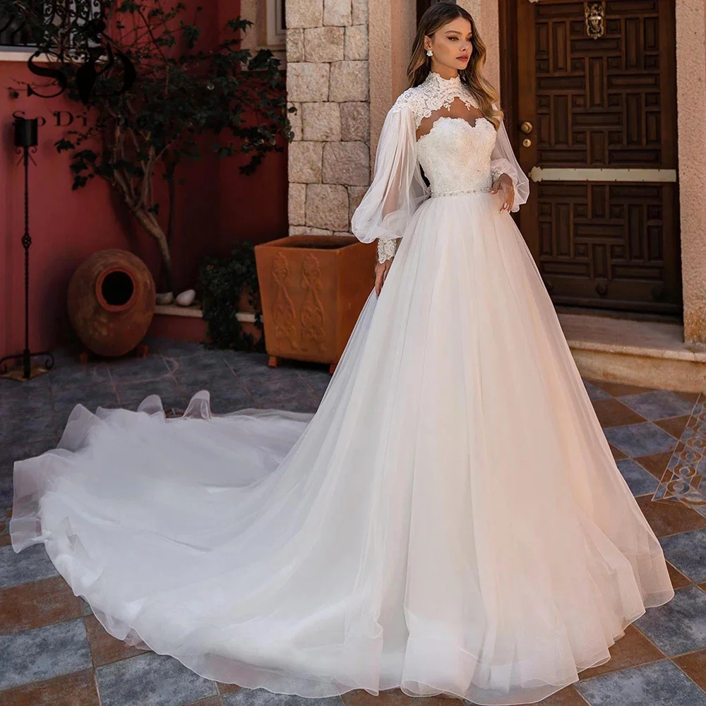 

SoDigne Luxury Muslim Princess Wedding Dresses Vintage Lace Appliques Women Bridal Gowns Puffy Long Sleeves Bride Dress