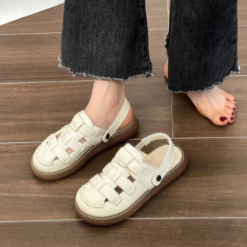 

Туфли-тапочки на каблуке, повседневная обувь с закрытым носком, на платформе, сланцы, роскошные скандалы из искусственной кожи, резина, в римском стиле, с круглым носком