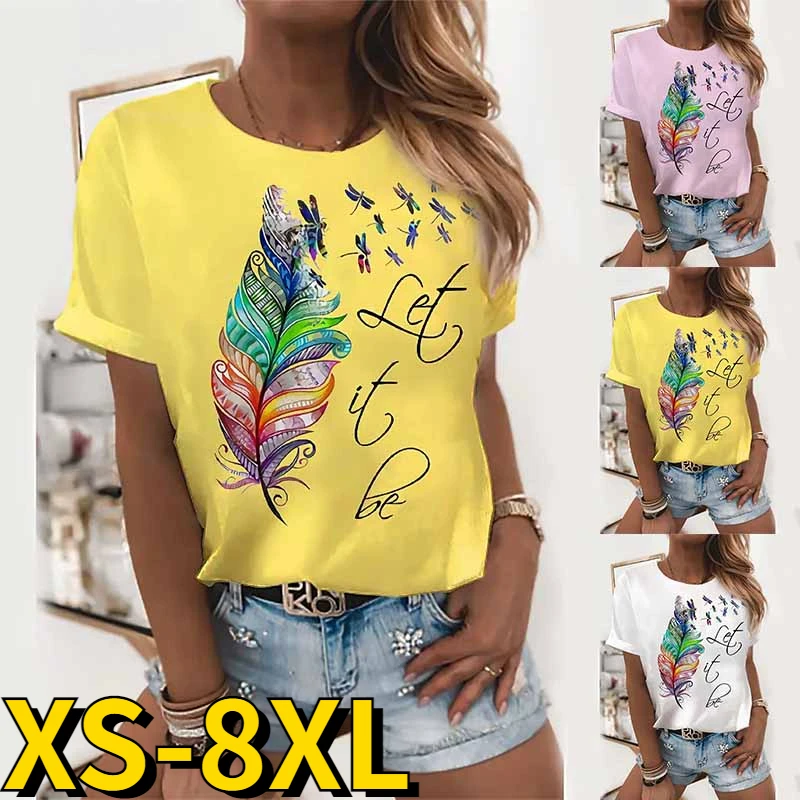 

Женская футболка с коротким рукавом, круглым вырезом и принтом перьев