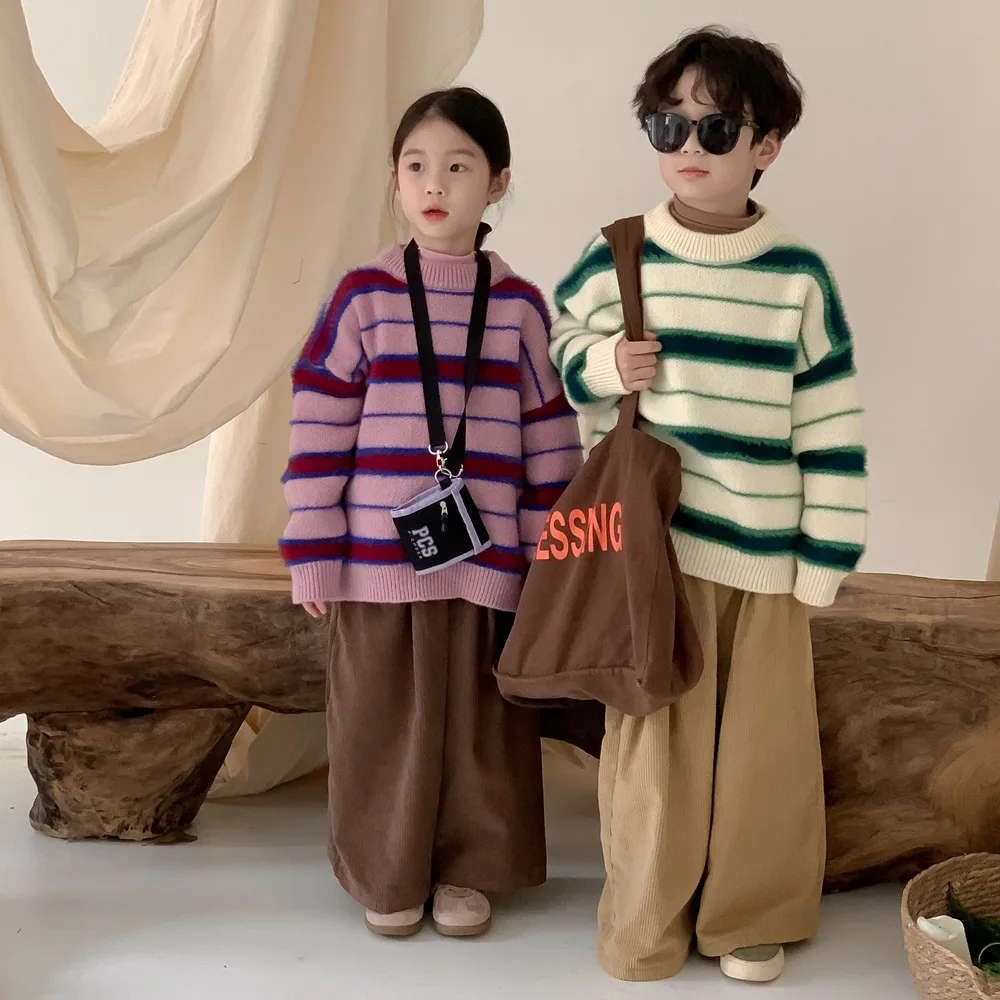 

Зимний Блестящий свитер, модная полосатая вязаная одежда, утепленный Свободный теплый вязаный пуловер для мальчиков и девочек