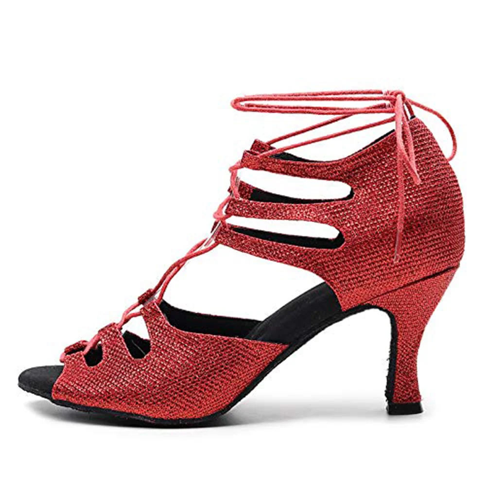 Women's High Heels Latin Dance Shoes Red Glitter Soft Sole Ballroom Shoes Salsa Tango Shoes Party Sandals 7cm 9cm