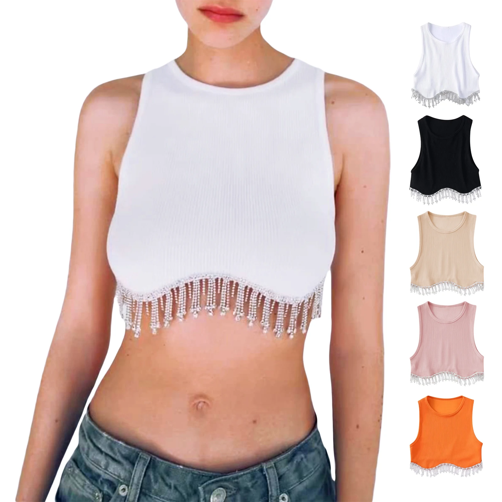 

Женские Модные майки в рубчик без рукавов с круглым вырезом Стразы с кисточками на подоле летняя уличная одежда топы