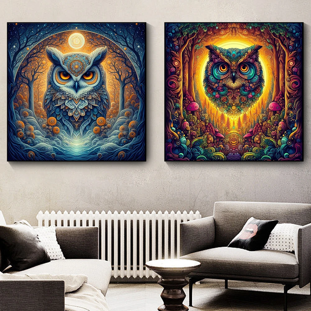 

Mystical Owl Forest Art Posters Prints Norse Wall Abstract Animal Canvas Painting Pictures Modern Living Room Home Decor Cuadros