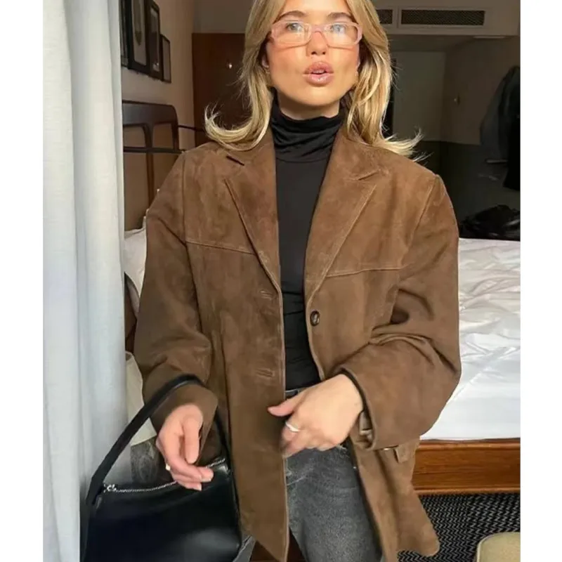 Женский осенний пиджак 2024 винтажный коричневый замшевый женский модный