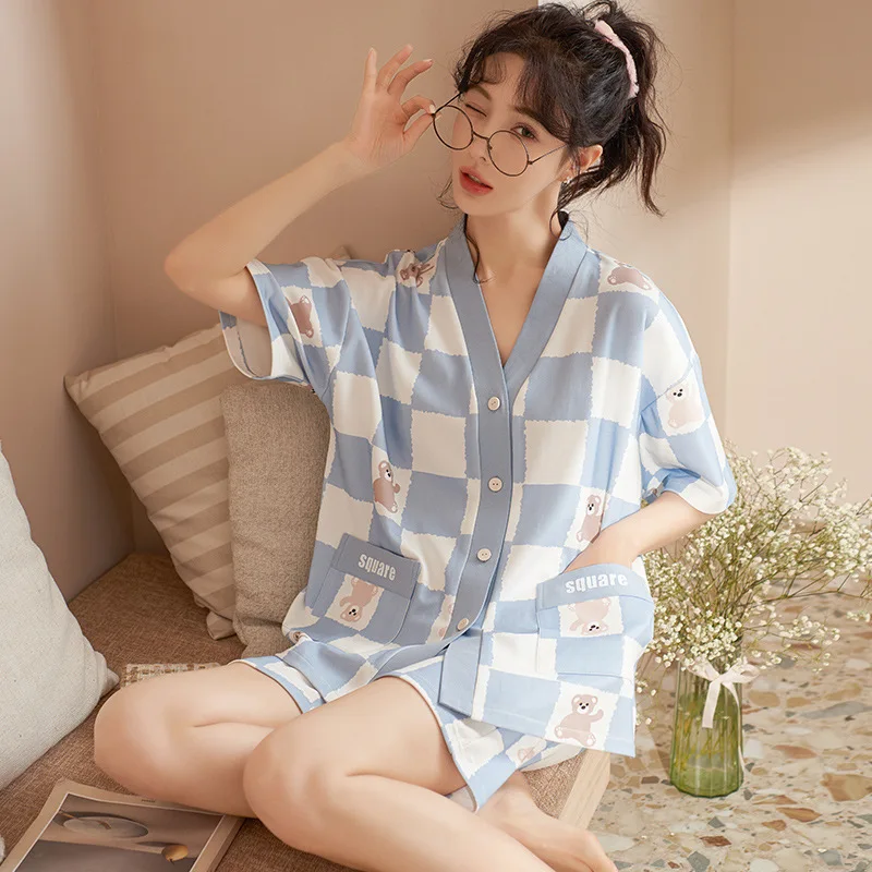 Comfortable Pajamas Women's Homewear Short Sleeve V Neck Short Sleeve Shorts Checkered Cartoon 2pcs Nightgown Bow-knot Sleepwear