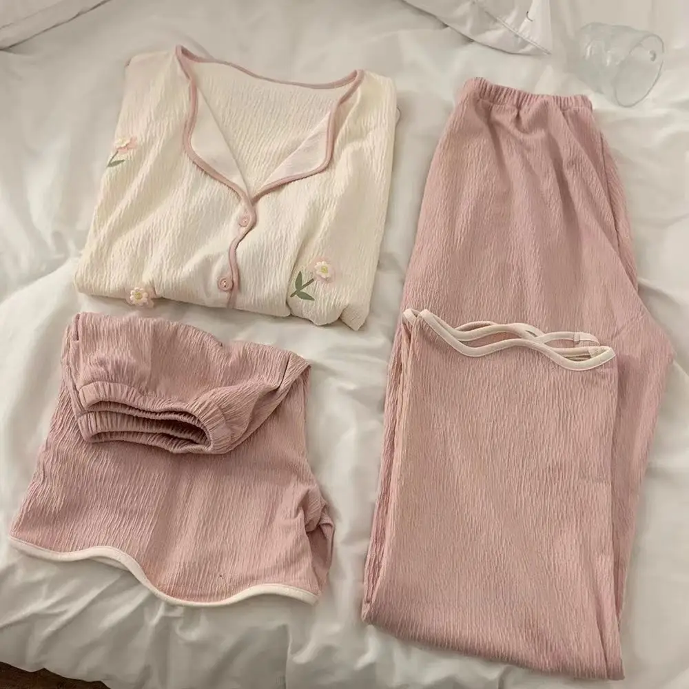 2023 Hua Hua Pajamas Women's Summer Three Piece Set Cotton Short Sleeve Spring and Autumn Home Furnishing Set