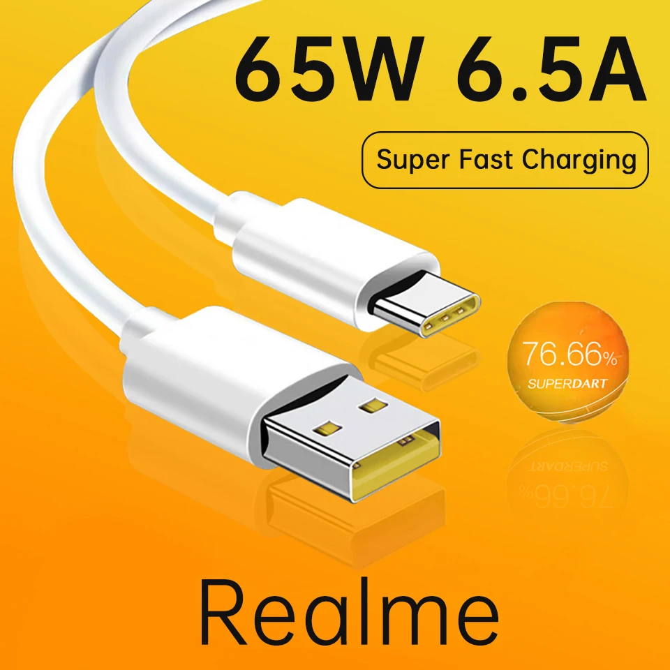 

Original Type C Cable Realme GT Neo 2 Phone Cables 65w 50W 6.5A Super Fast Charge Super Dart Vooc Real Me 8 7 C25 Narzo 20 Pro