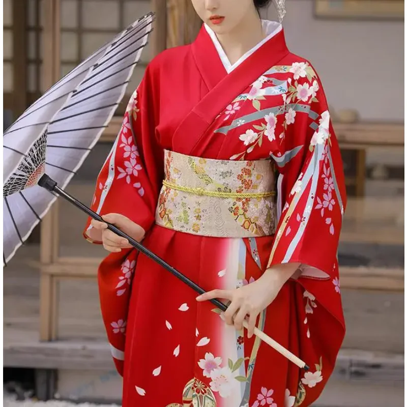 Красное традиционное японское кимоно женское весеннее платье с принтом вишни