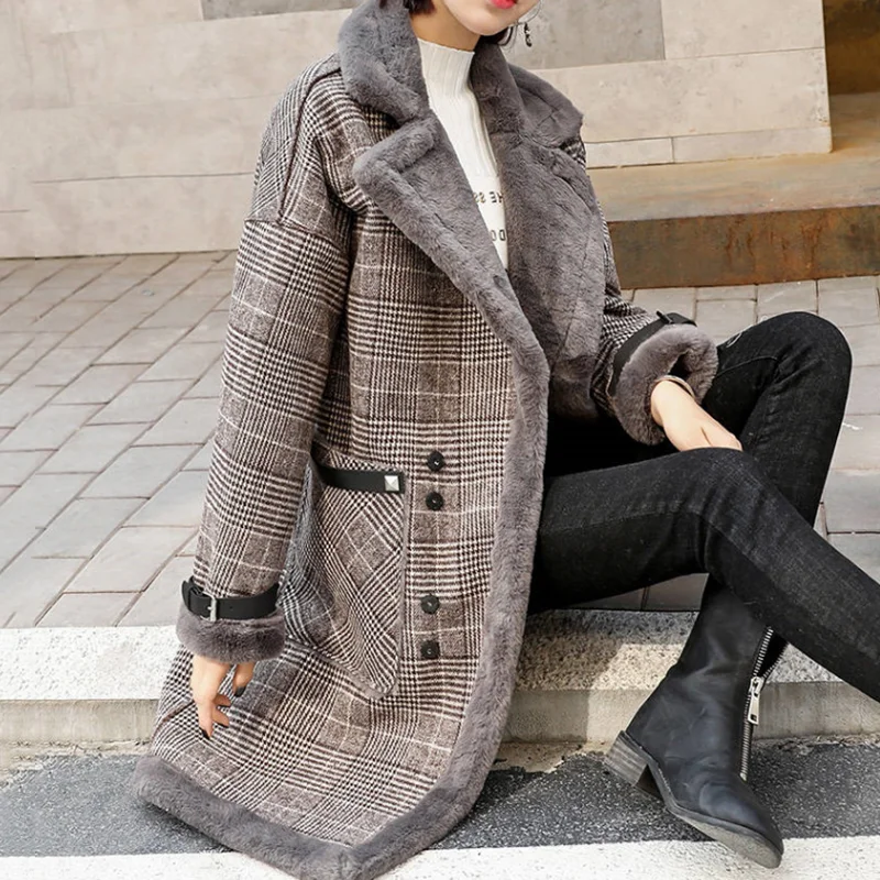 Women Winter Vintage Fashion Wool Plus Velvet Thickening Plaid Coat Female Formal Slim Long Sleeve Long Parkas Lasies Overcoat