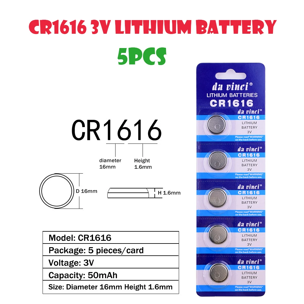 

CR1616 5pcs=1Card 50mAh Lithium Button Battery ECR1616 LM1616 DL1616 Coin Cell Batteries 3V For Watch Electronic Toy Remote