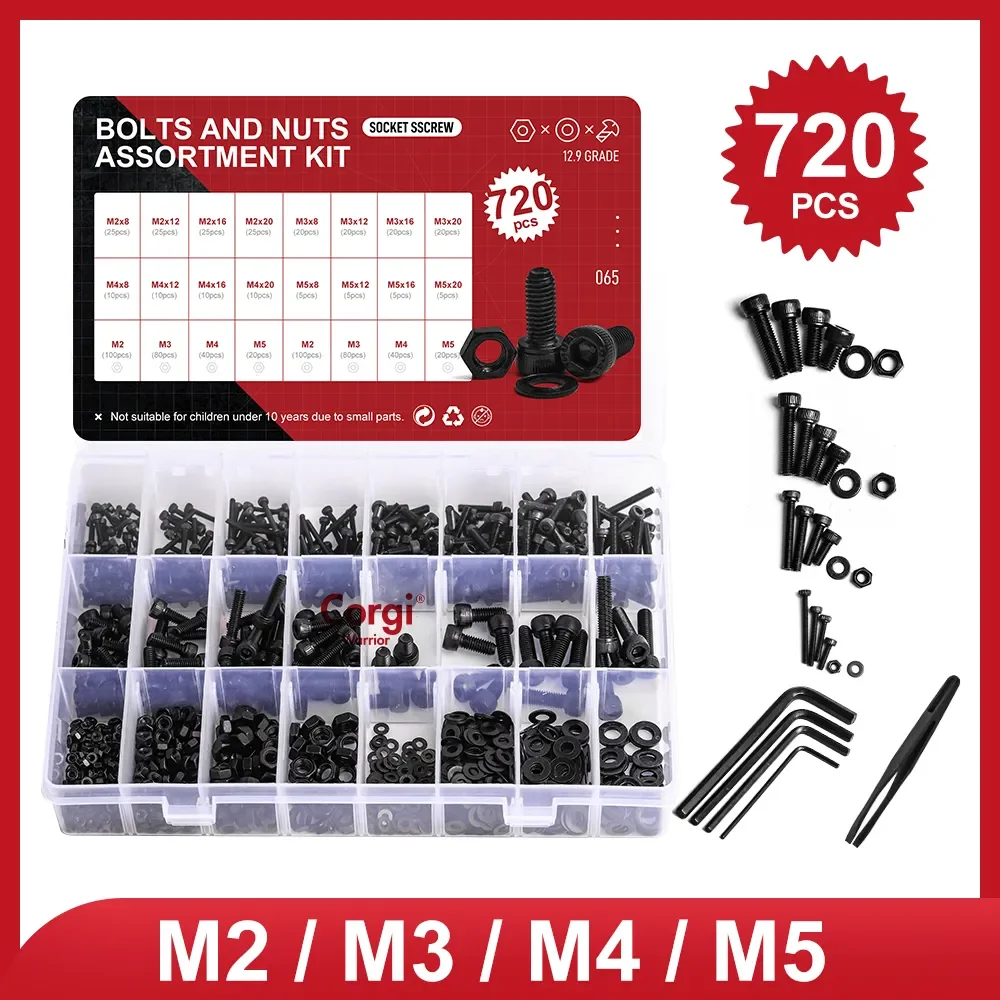 

Quality 720Pcs Alloy Steel Black Hex Socket Cup Head Screws Assortment Kit M2 M3 M4 M5 Grade 12.9/10.9 Bolts, Nuts and Lock Wash