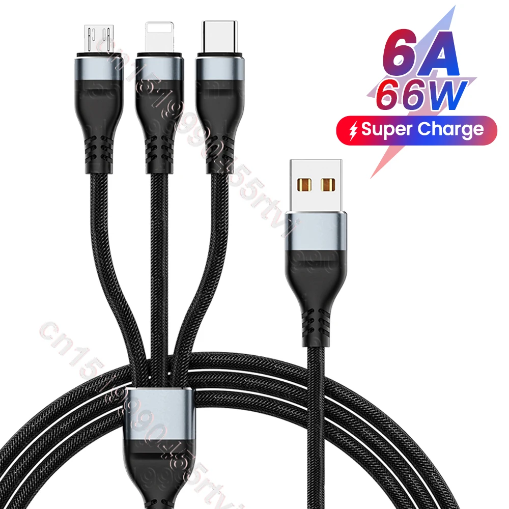 

3 in 1 6A 66W Fast Charging USB Cable For iPhone 14 13 8 Pin SuperCharge Micro TypeC Charger Data Cord For Samsung Xiaomi Huawei