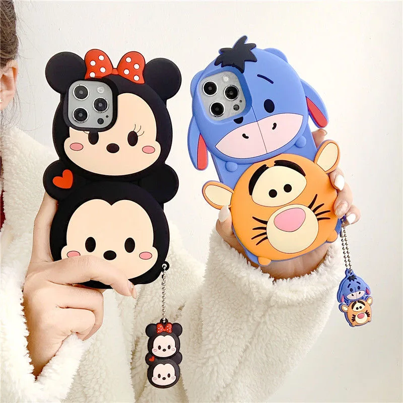 

Disney Mickey Winnie Pooh 3D Cartoon Mobile Phone Case with Pendant for iPhone 13 12 11 Pro Max XR XS Plus Cute Back Covers